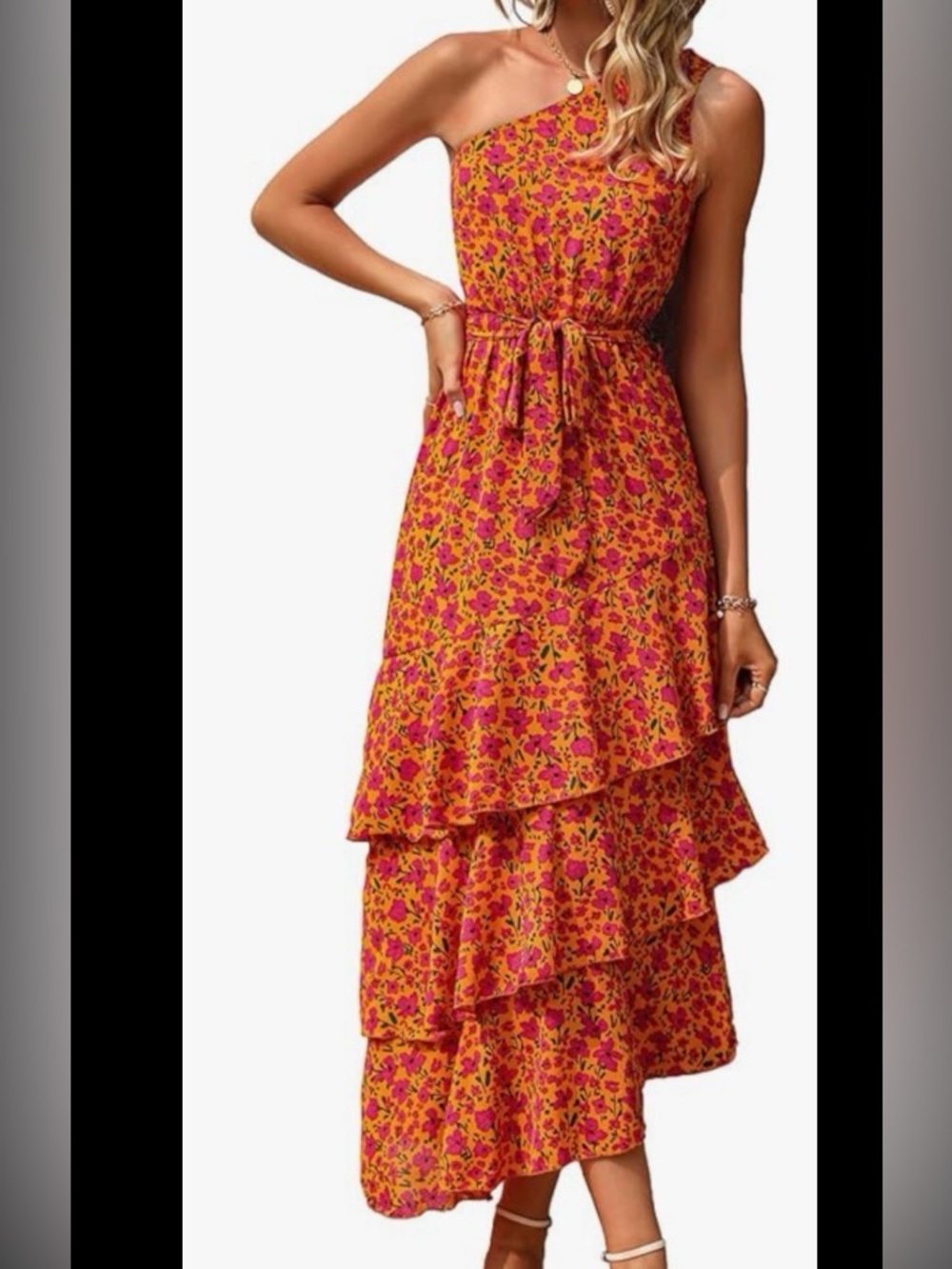 Tiered Maxi Dress in Orange and Pink Floral